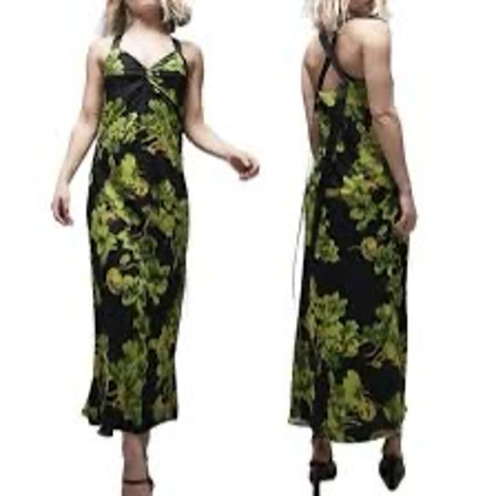 New TOPSHOP Green Black Floral Print Cami Maxi Dress Ribbon Cross Back Women's 2